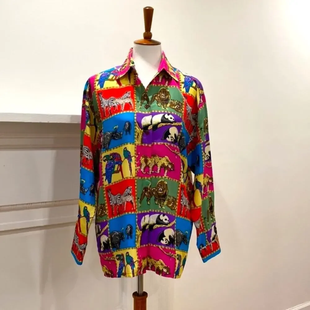 Vintage Womens Top Silk Medium Animal Lover Womens Button down 90s Shirt Medium - Picture 5 of 17
